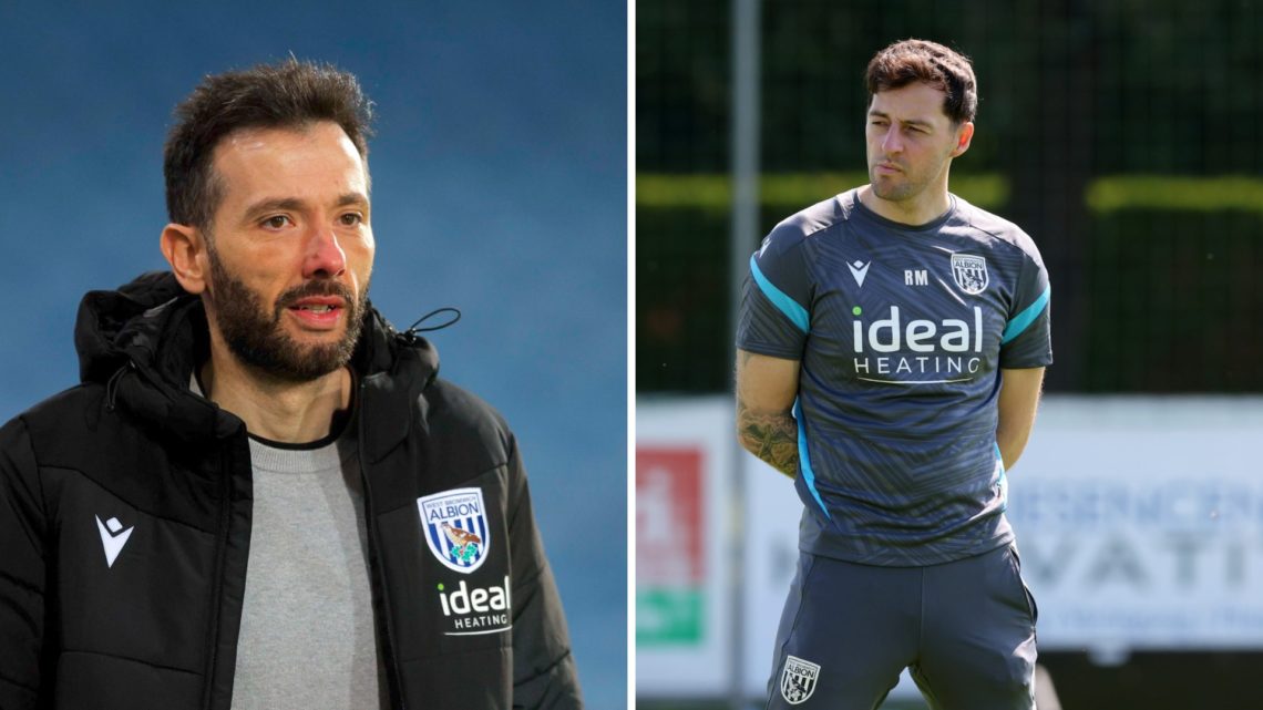 Carlos Corberan watches on during a West Brom training session, Ryan Mason oversees one of West Brom's pre-season training sessions