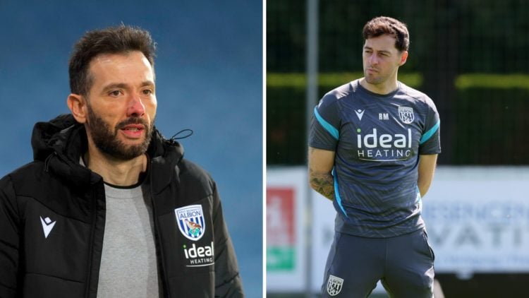 Carlos Corberan watches on during a West Brom training session, Ryan Mason oversees one of West Brom's pre-season training sessions