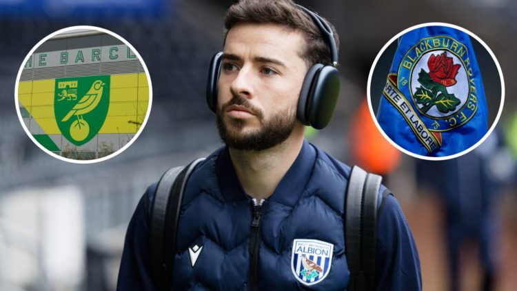 A detailed view of the Norwich City badge, Mikey Johnston arrives for West Brom's Championship game, inset of a detailed view of the Blackburn Rove...