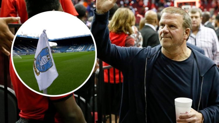 Owner Tilman Fertitta of the Houston Rockets waves to the crowd. Inset: A corner flag with the badge at Hillsborough the home stadium of Sheffield ...