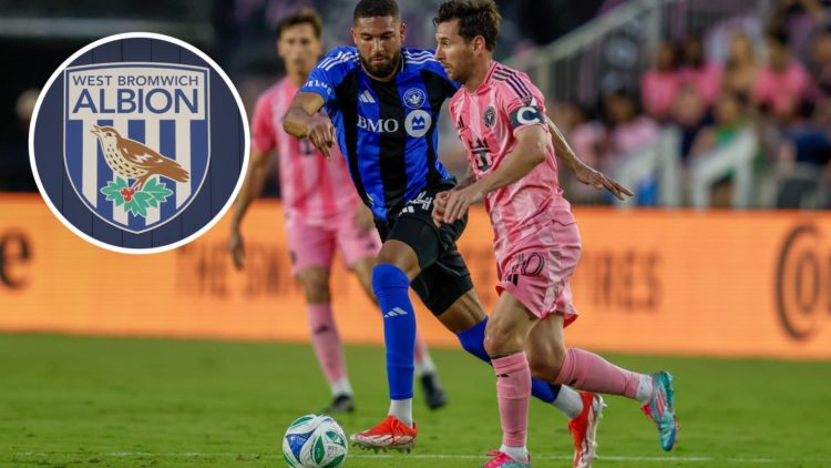 George Campbell closes down Lionel Messi during CF Montreal vs Inter Miami, an inset of a detailed view of the West Brom badge