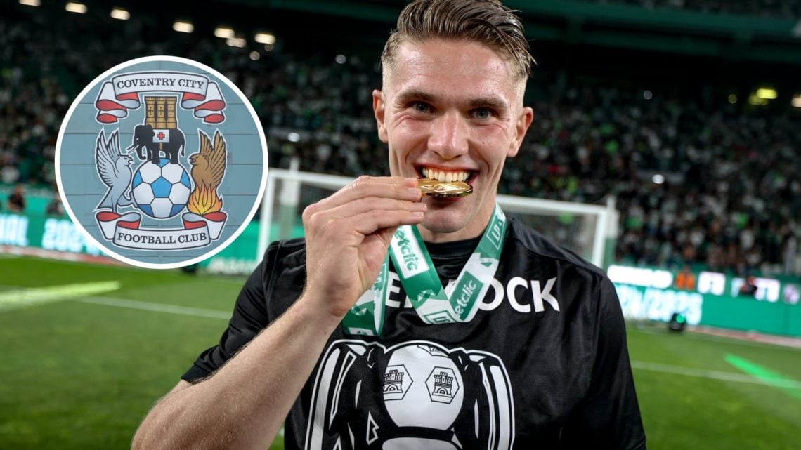 Sporting striker Viktor Gyokeres. Inset, Coventry City badge.