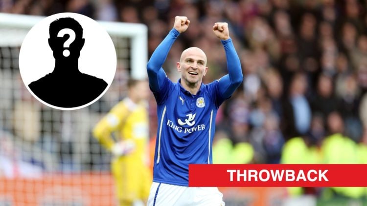 Esteban Cambiasso celebrates after scoring against West Ham for Leicester City, an inset of a mystery man