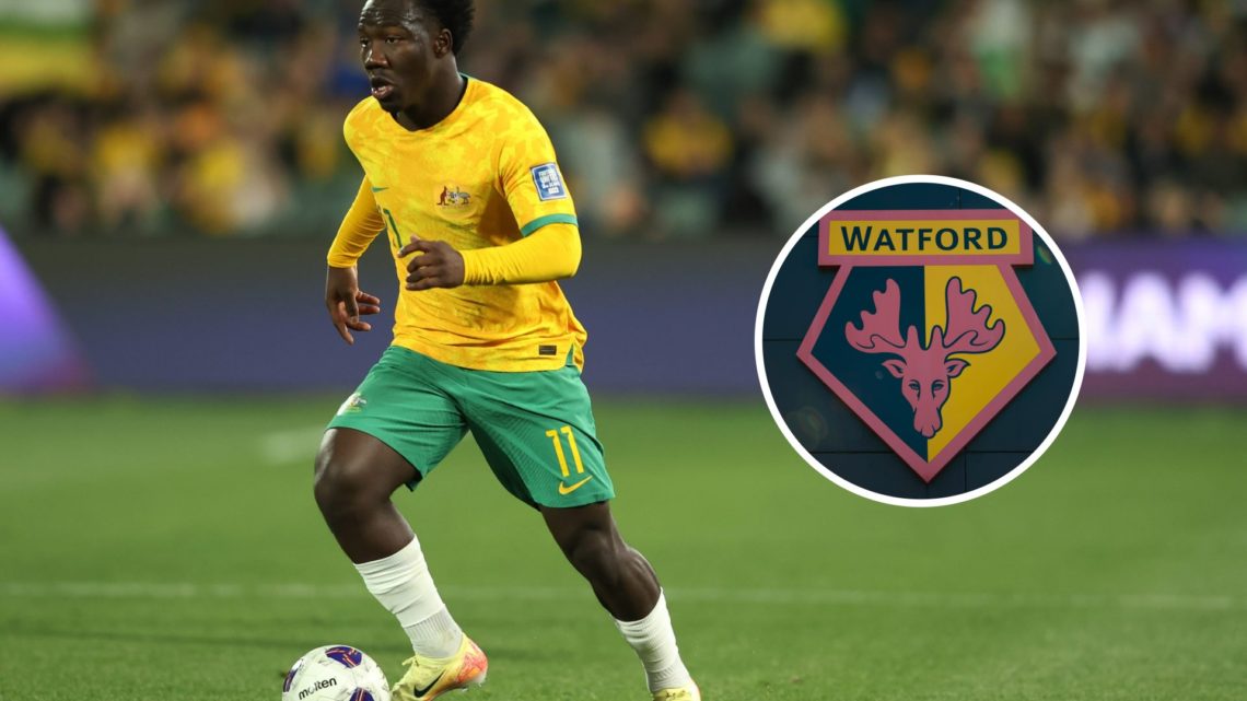 Nestory Irankunda of the Socceroos dribbles the ball during the third round FIFA World Cup 2026 Qualifier match between Australia Socceroos and Chi...