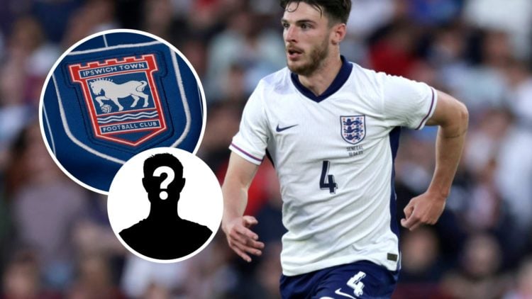England's Declan Rice. Inset, Ipswich Town badge and mystery player graphic.