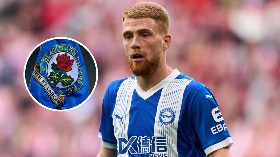 Alaves winger Carlos Vicente. Inset, Blackburn Rovers badge.