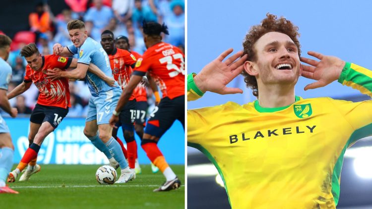 Viktor Gyokeres of Coventry City challenges several Luton Town players for the ball, Norwich City striker Josh Sargent celebrates his goal against ...
