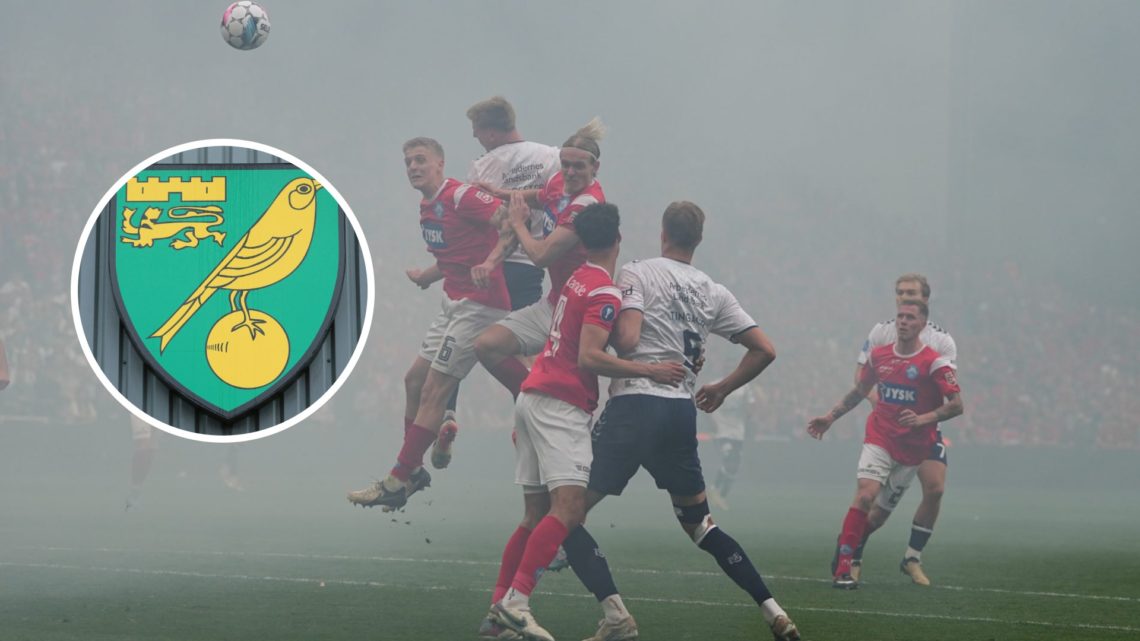 Pelle Mattsson in action for Silkeborg. Inset, Norwich City badge.