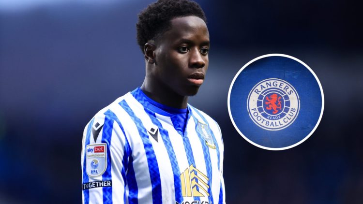 An image of Djeidi Gassama and an inset of the Rangers badge
