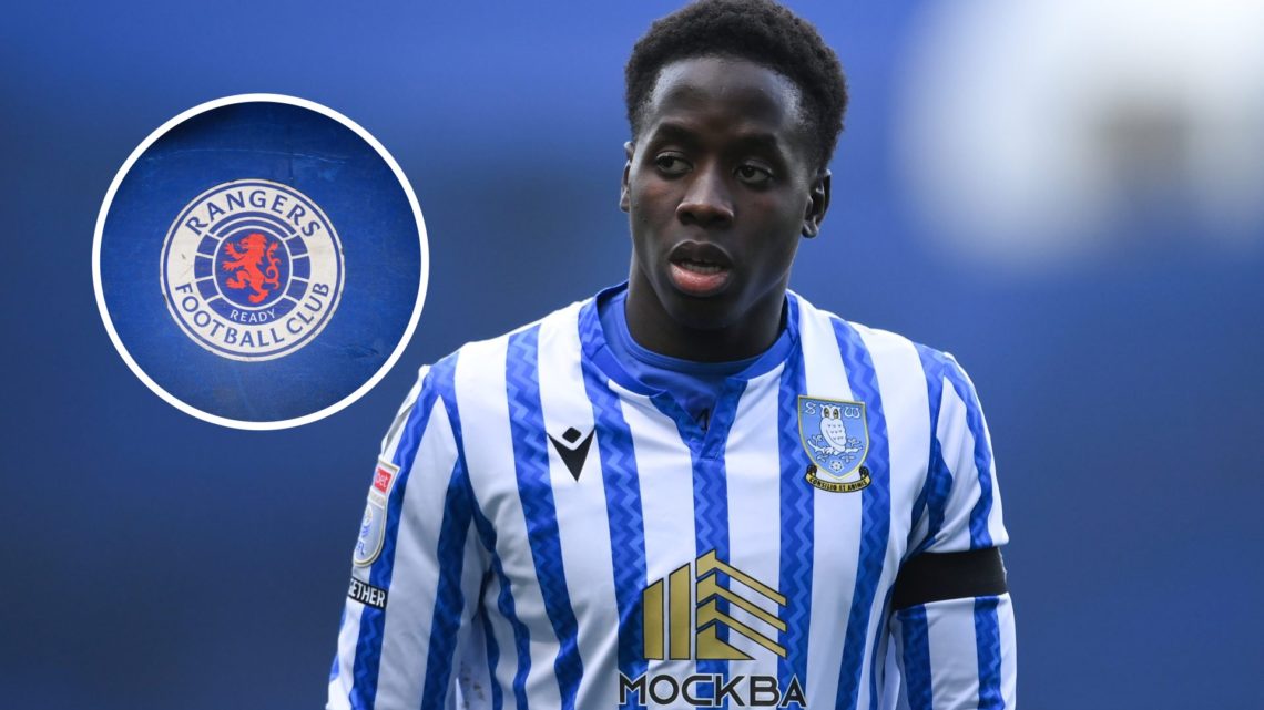 An image of Djeidi Gassama and an inset of the Rangers badge