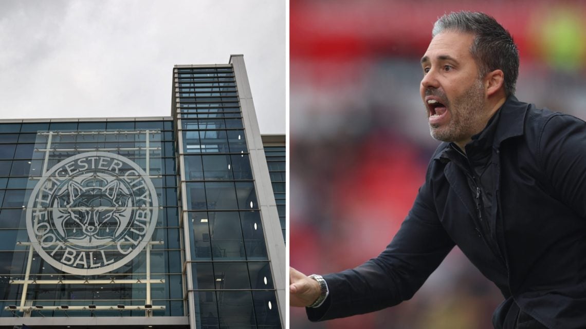 A detailed view of Leicester City badge on the front of the King Power Stadium, Martí Cifuentes, manager of Queens Park Rangers reacts during the S...