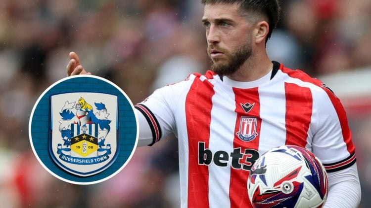 Former Stoke City player Lynden Gooch prepares to take a throw-in. Inset, Huddersfield Town badge.
