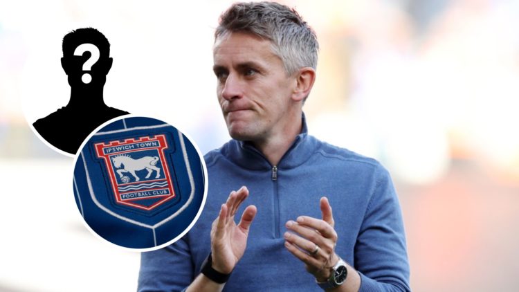 Ipswich Town FC manager Kieran McKenna reacts after a Premier League game. Overlaid, the Ipswich Town FC badge and a mystery player