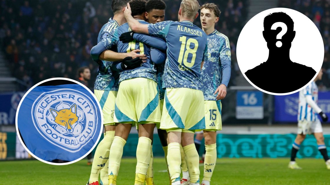 Chuba Akpom celebrates with his Ajax teammates after scoring against Heerenveen, a detailed image of the Leicester City badge on a flag, an inset o...