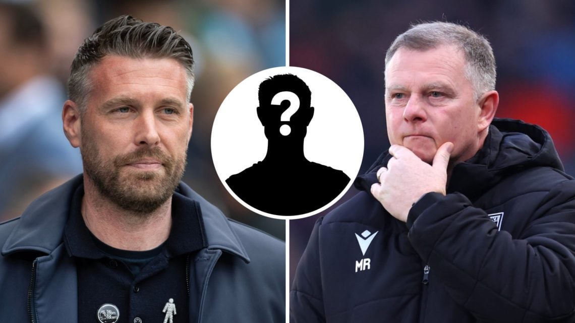 Middlesbrough FC manage Rob Edwards during time as Luton Town FC boss, and Stoke City FC boss Mark Robins reacts during a Championship game. Overla...