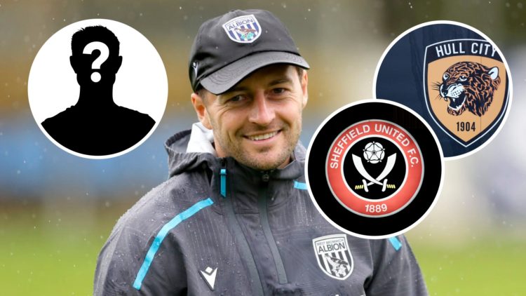 West Bromwich Albion head coach Ryan Mason reacts during training session. Overlaid, a mystery transfer target, and the Sheffield United FC badge a...