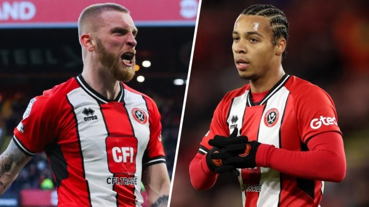Oliver McBurnie of Sheffield United celebrates after scoring his side's second goal in stoppage time during the Premier League match. Cameron Arche...