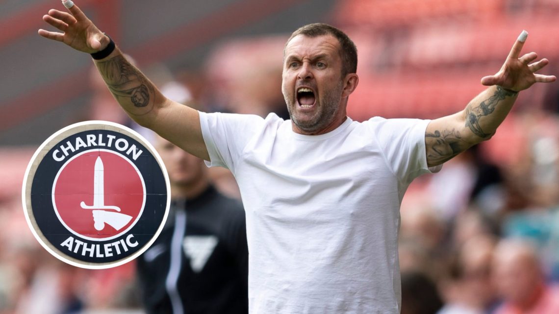 Charlton Athletic manager Nathan Jones reacts during a League One game. Overlaid, the Charlton Athletic badge