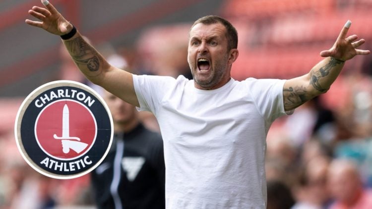 Charlton Athletic manager Nathan Jones reacts during a League One game. Overlaid, the Charlton Athletic badge