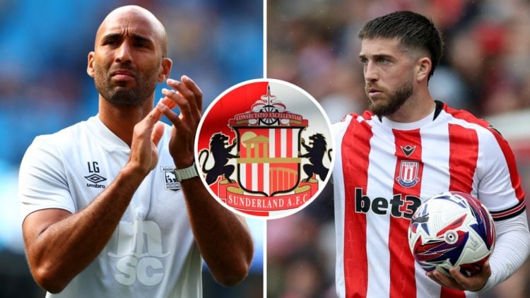 Huddersfield Town FC manager Lee Grant and former Stoke City player Lynden Gooch. Overlaid, the Sunderland AFC badge
