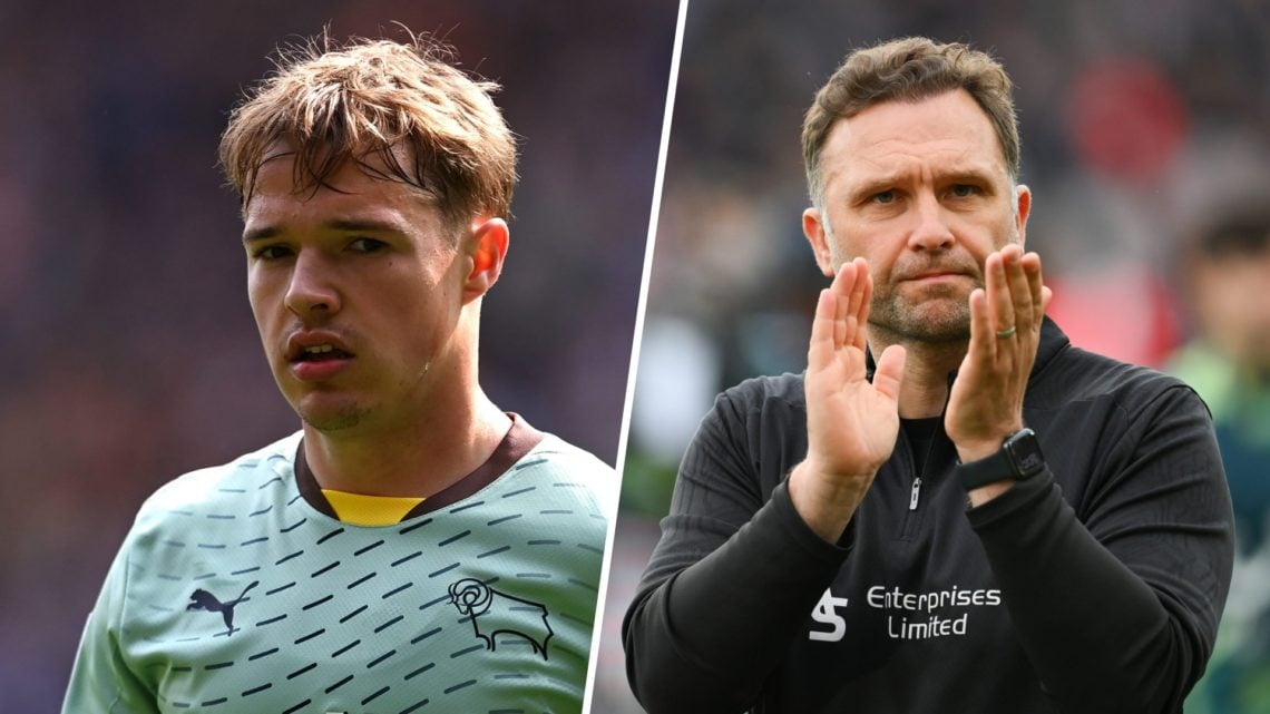 Liam Thompson of Derby County looks on during the Sky Bet Championship match between Hull City AFC and Derby County FC (L), John Eustace applauds t...