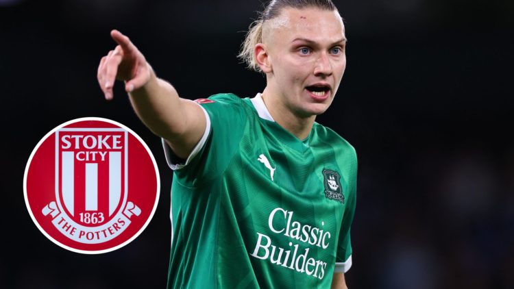 Plymouth Argyle FC defender Maksym Talovierov reacts during the FA Cup game against Manchester City. Overlaid, the Stoke City FC badge