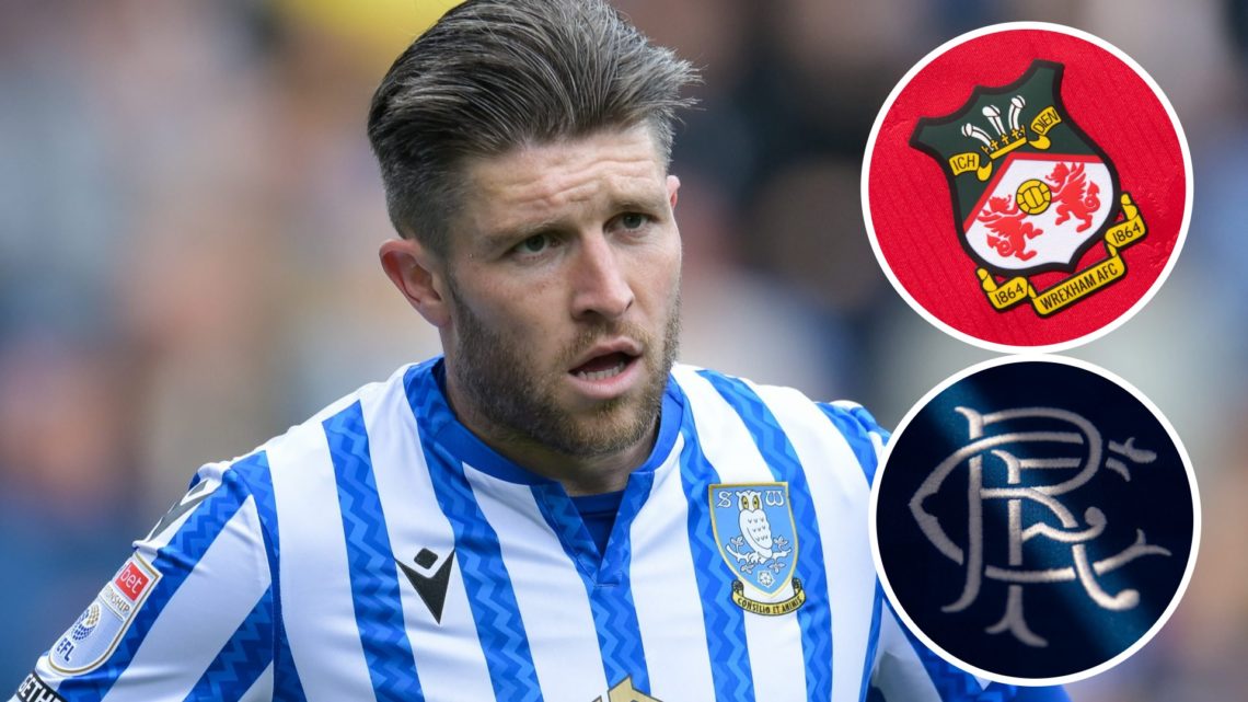 Josh Windass of Sheffield Wednesday plays during the Sky Bet Championship match between Sheffield Wednesday and Portsmouth. Inset, Wrexham badge. I...