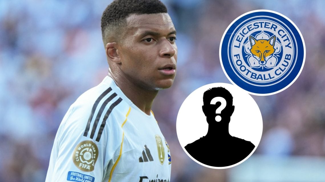 An image of Kylian Mbappe with an inset of the Leicester City badge and mystery player