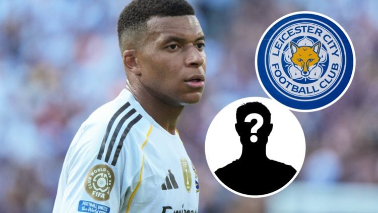 An image of Kylian Mbappe with an inset of the Leicester City badge and mystery player
