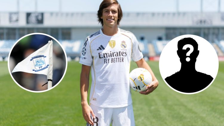 Álvaro Carreras, during his presentation as Real Madrid player at Valdebebas training ground. Inset, Preston North End badge on a corner flag. Inse...