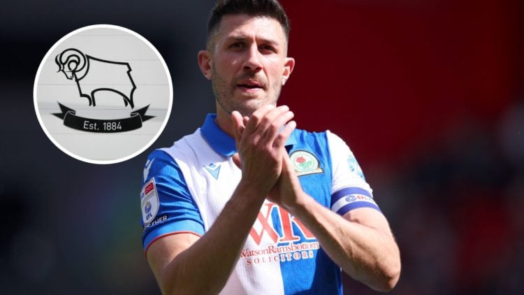 Blackburn Rovers defender Danny Batth applauds the Blackburn fans after a Championship game. Inset, the Derby County FC badge