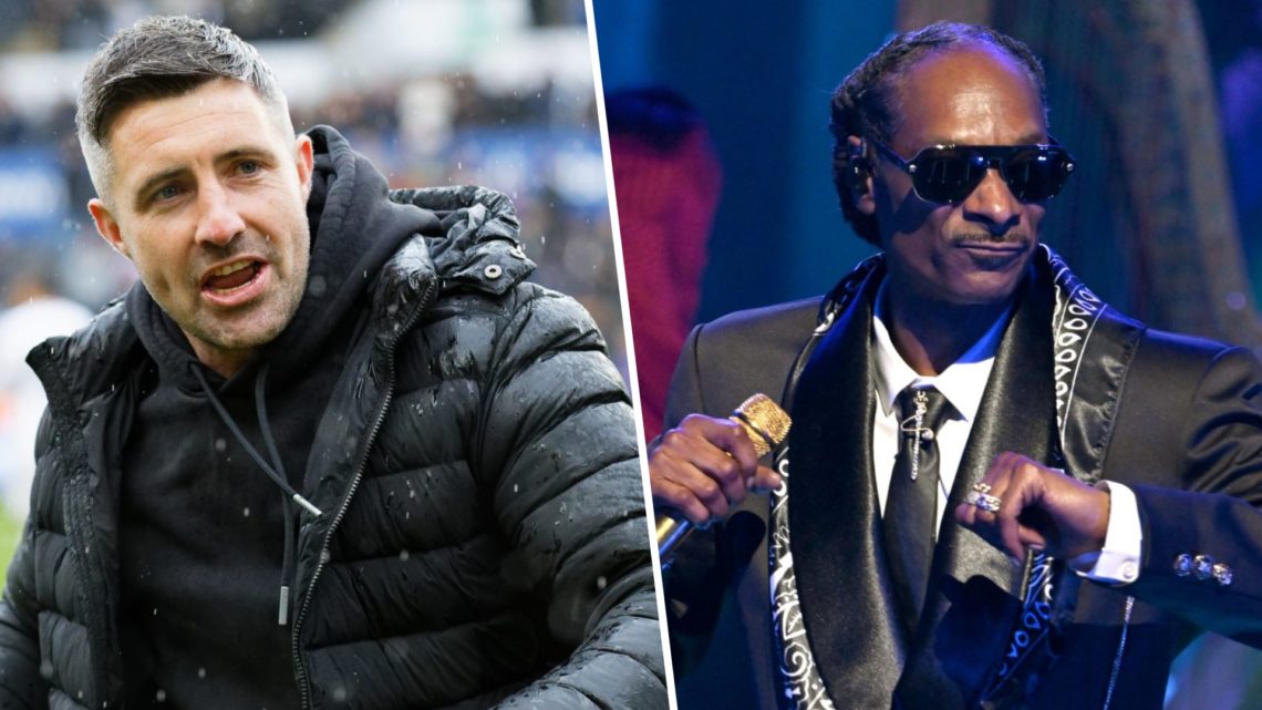 Swansea City manager Alan Sheehan celebrates in front of home supporters and Snoop Dogg performs onstage during the 2025 BET Awards.