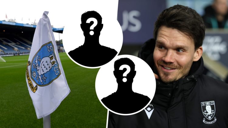 Sheffield Wednesday FC badge on the corner flag at Hillsborough Stadium, and Sheffield Wednesday FC manager Danny Rohl. Overlaid, two mystery players