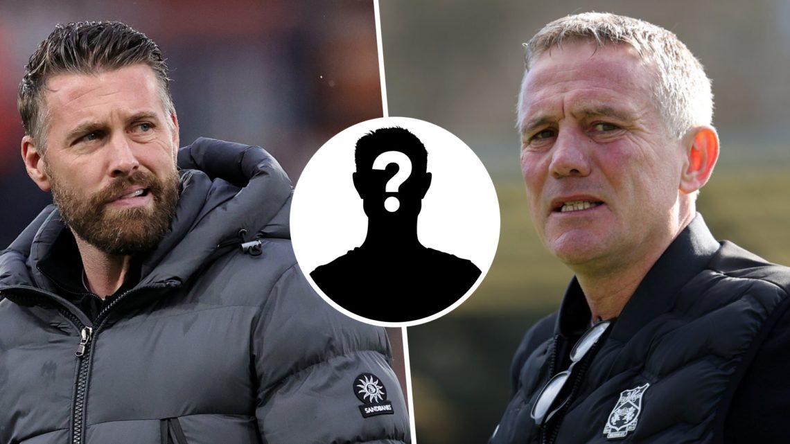 Middlesbrough FC manager Rob Edwards reacts during time as Luton Town FC manager, and Wrexham FC manager Phil Parkinson. Overlaid, mystery Champion...