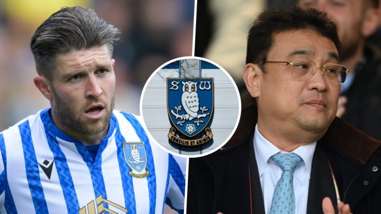 Sheffield Wednesday owner Dejphon Chansiri reacts to a Championship game, and Josh Windass in Championship action for Sheffield Wednesday. Overlaid...