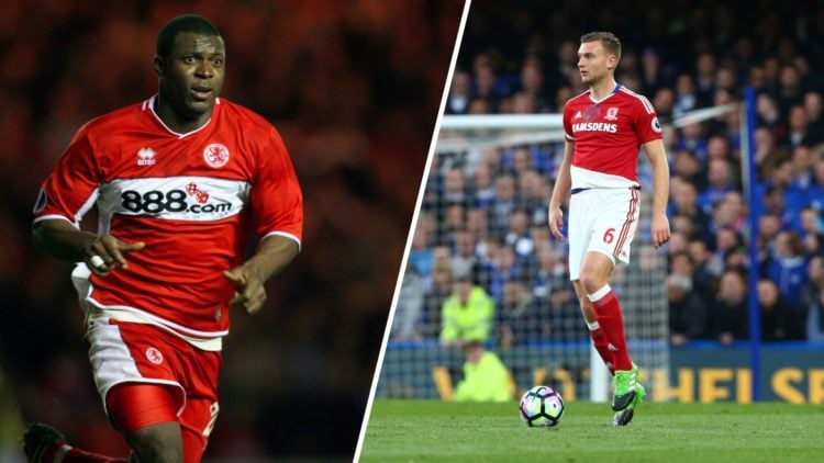 Aiyegbeni Yakubu of Middlesbrough running during the UEFA Cup Quarter-final 2nd Leg match between Middlesbrough and Fc Basle. Right, Ben Gibson of ...