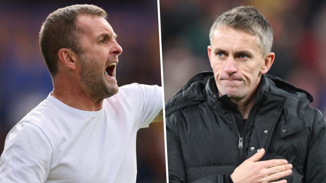 Nathan Jones the head coach / manager of Charlton Athletic during the Sky Bet League One match. Ipswich Town manager Kieran McKenna salutes the tra...