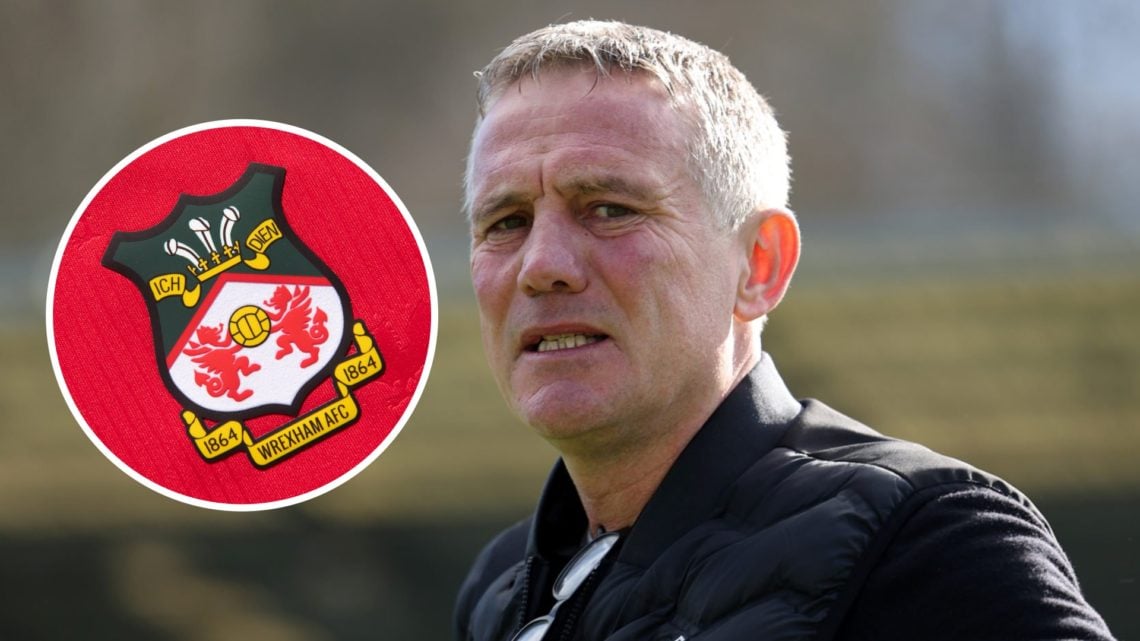 Wrexham FC manager Phil Parkinson reacts during a League One match, and overlaid, the Wrexham FC badge