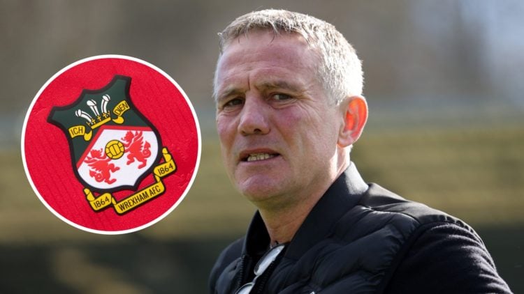 Wrexham FC manager Phil Parkinson reacts during a League One match, and overlaid, the Wrexham FC badge