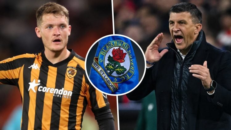 Hull City FC defender Sean McLoughlin reacts during a Championship game, and Hull City manager Sergej Jakirovic. Overlaid, the Blackburn Rovers FC ...