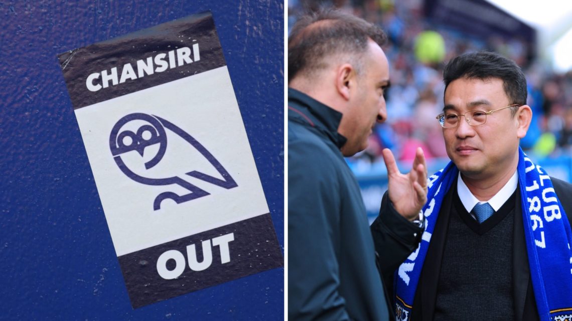 A Chansiri Out sticker during Sheffield Wednesday v Queens Park Rangers - Sky Bet Championship. Carlos Carvalhal and Dejphon Chansiri before Hudder...