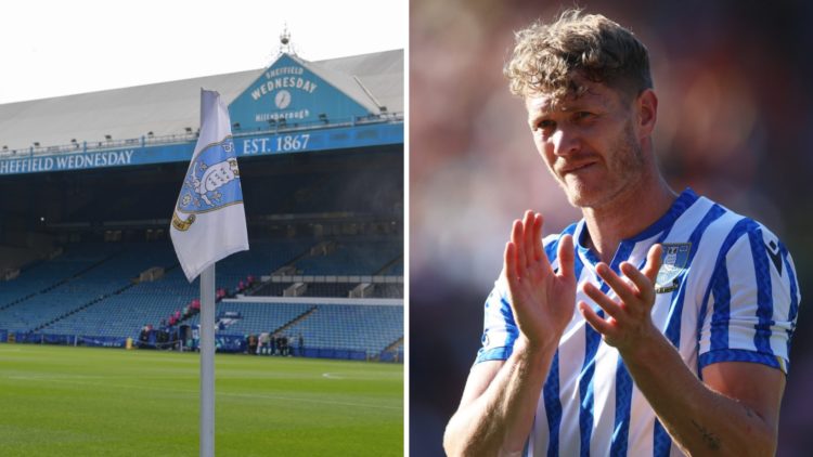Former Sheffield Wednesday forward Michael Smith reacts after a Championship game, and the Sheffield Wednesday FC badge on a corner flag at Hillsbo...