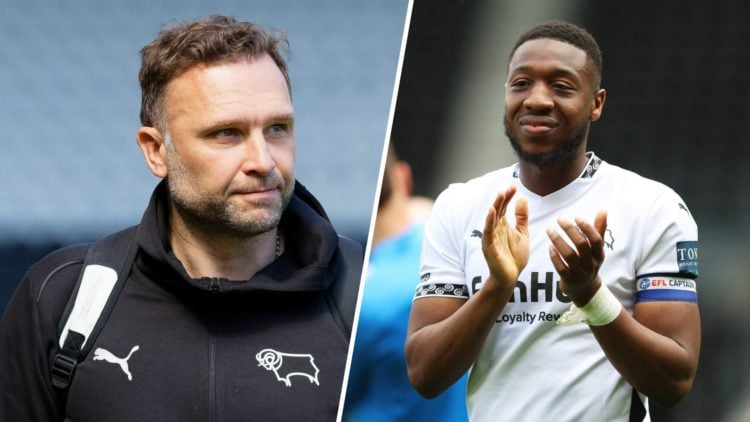 John Eustace, manager for Derby County arrives prior to the Sky Bet Championship match between Swansea City and Derby County (L), Ebou Adams of Der...