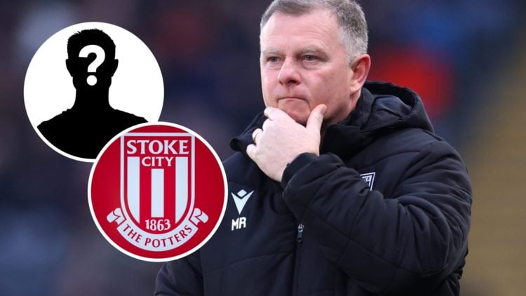 Stoke City FC manager Mark Robins reacts during a Championship game. Overlaid, the Stoke City FC badge and a mystery player