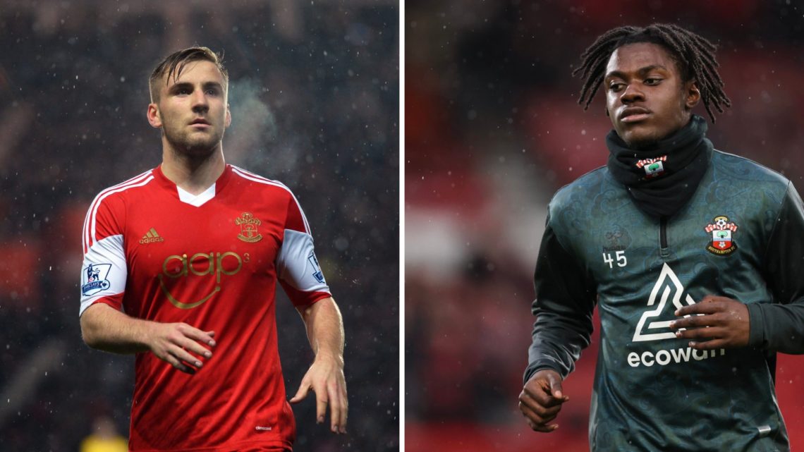 Left, Luke Shaw of Southampton during the Barclays Premier League match between Southampton and Arsenal at St Mary's Stadium. Right, Romeo Lavia of...