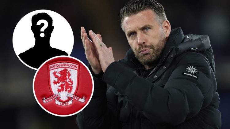 Middlesbrough FC manager Rob Edwards during time as Luton Town FC manager. Overlaid, the Middlesbrough FC badge and a mystery player