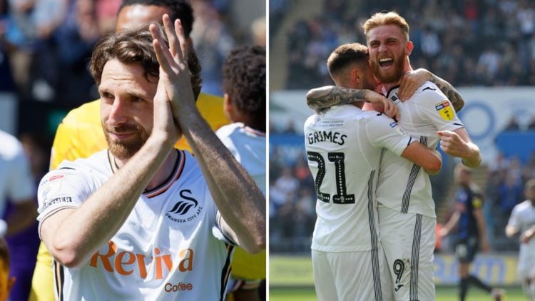 Oli McBurnie of Swansea City celebrates scoring his side's equalising goal to make the score 1-1 during the Sky Bet Championship match between Swan...