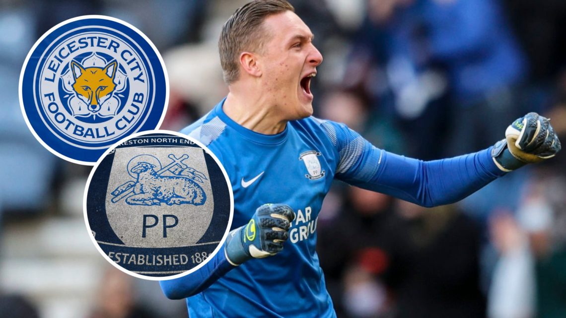 Preston North End goalkeeper Daniel Iversen celebrates during a Championship game. Inset, the Leicester City FC badge and a Preston North End FC badge
