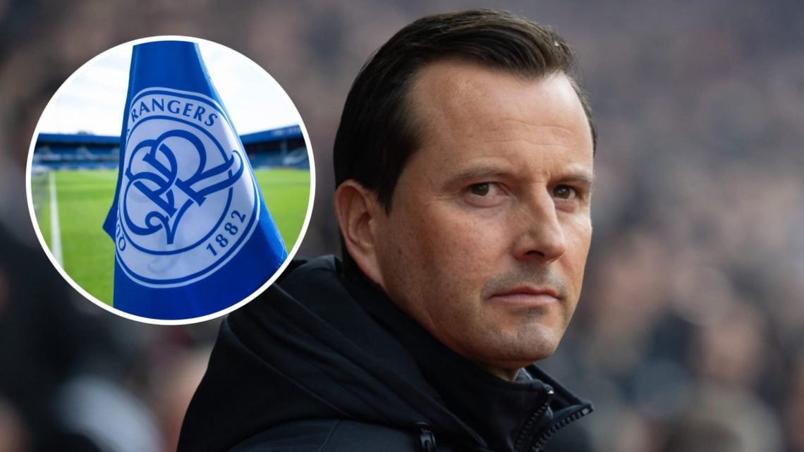 QPR manager Julien Stephan during time as Rennes head coach. Overlaid, the Queens Park Rangers flag on a corner flag at Loftus Road Stadium.