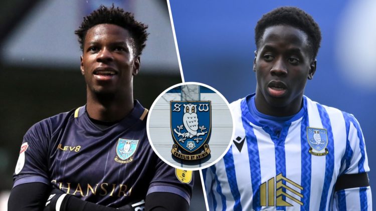 Split image of Lucas Joao and Djeidi Gassama with Sheffield Wednesday badge inset.